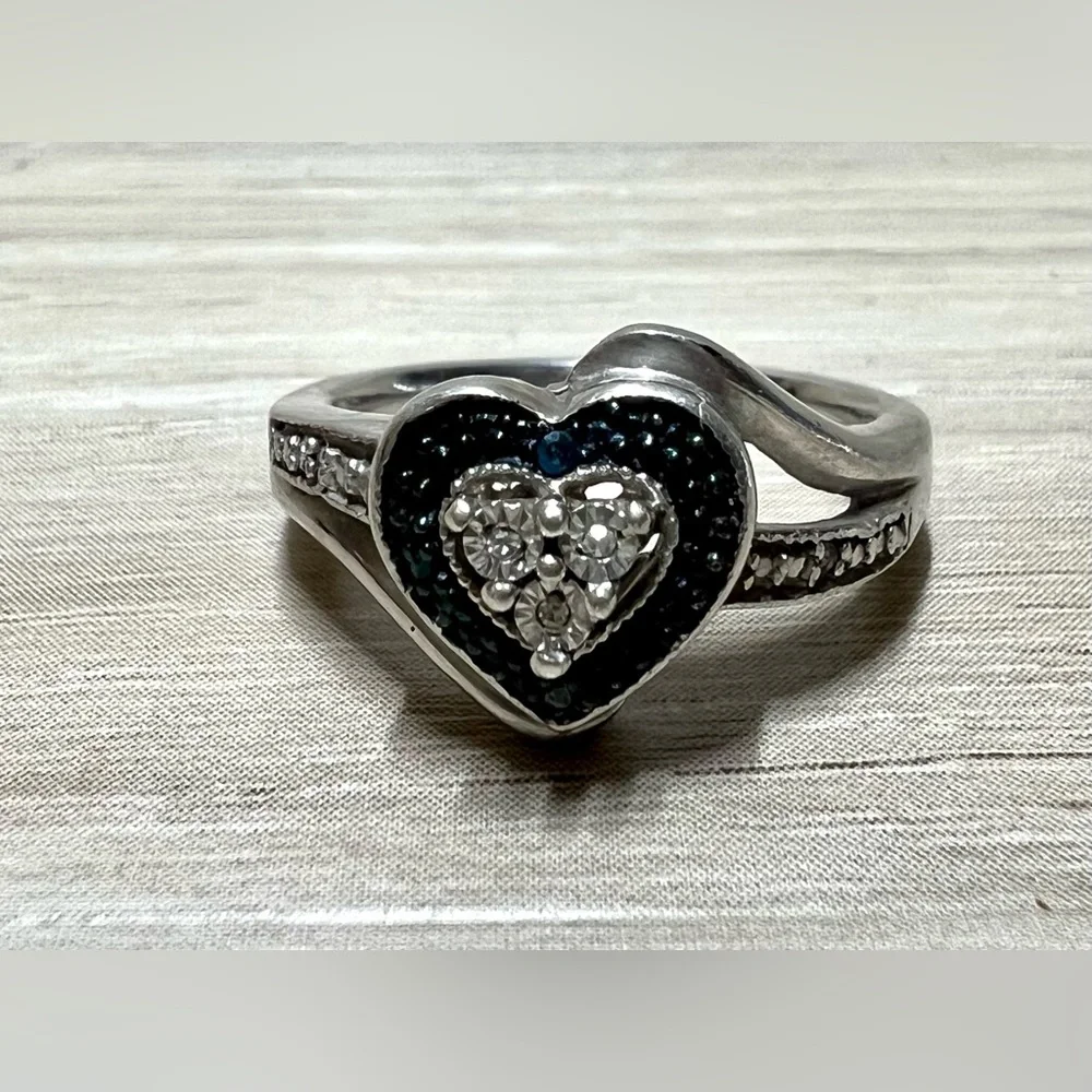 Vintage Designer Signed Sterling Silver Sapphire & Diamond Heart Ring, Size 6.5 - Picture 1 of 10